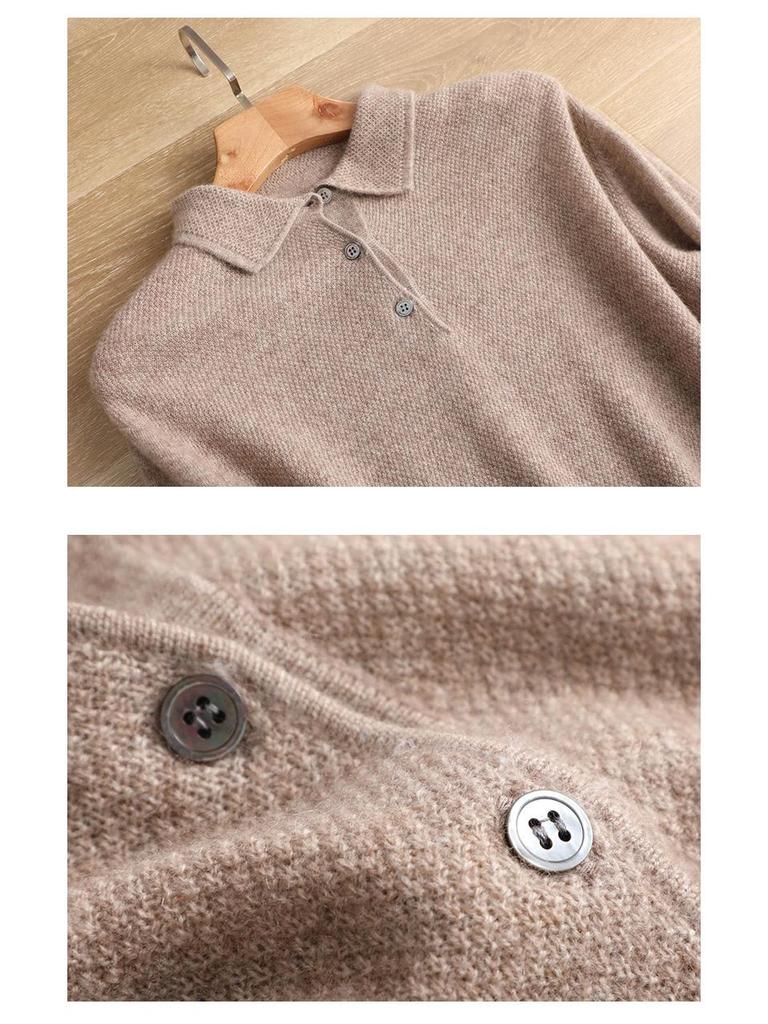 Men's Knitted Pure Wool Polo Shirt - Long-Sleeve Turn-Down Collar for Business Casual Wear