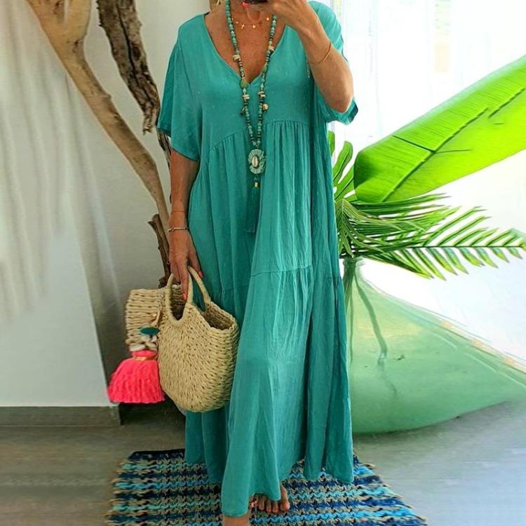 Damen Freizeitkleid Lang Schlichter Stil Einfarbig V-Ausschnitt Baumwolle Weit 1Stk.