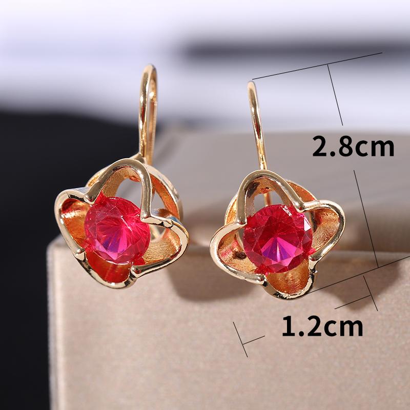 Exquisite  Yellow Gold Color Earrings Red Crystal Female Wedding Zircon Luxury Crystal Earrings for Women Flower Drop Earrings