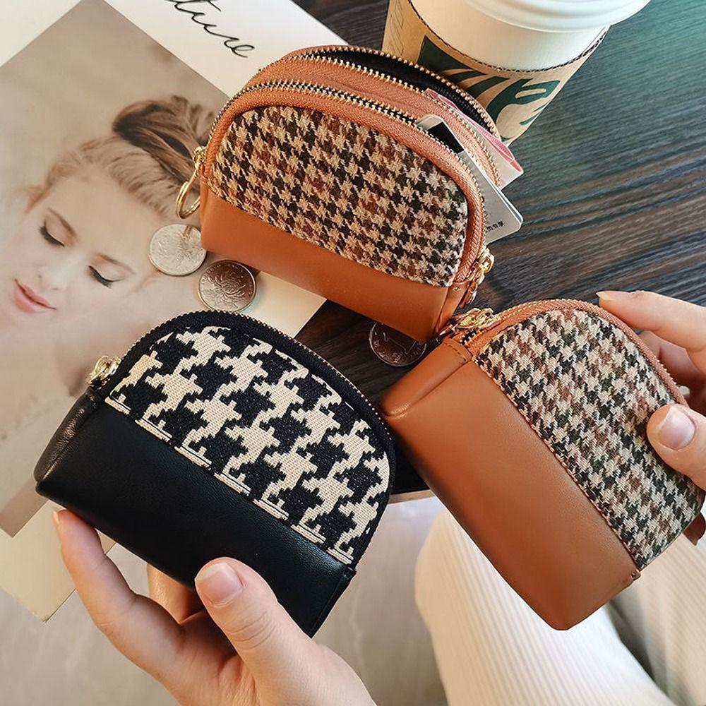Layers Zipper Houndstooth with Key Chain Fabric Card Holders Wallet Leather Bag Women Coin Purse