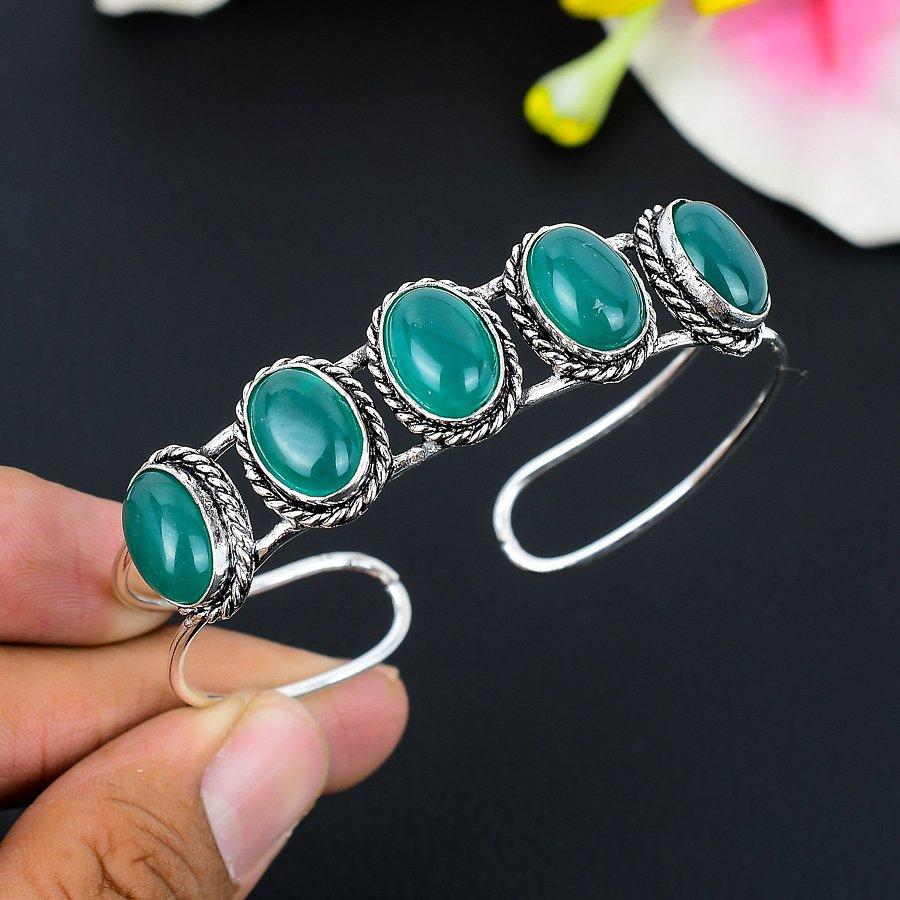 Green Onyx Gemstone Handmade 925 Sterling Silver Cuff Bangle Adjustable KG-261