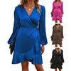 Women Mini Dress V-Neck Lantern Long Sleeve Side Lace-up Dress