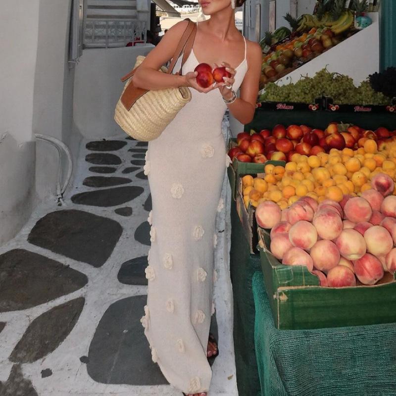 

Сексуальное вязаное платье-халтер, V-образный вырез, Облегающее фигуру, Трехмерное цветочное пляжное платье для отпуска, Свободное L абрикосовый