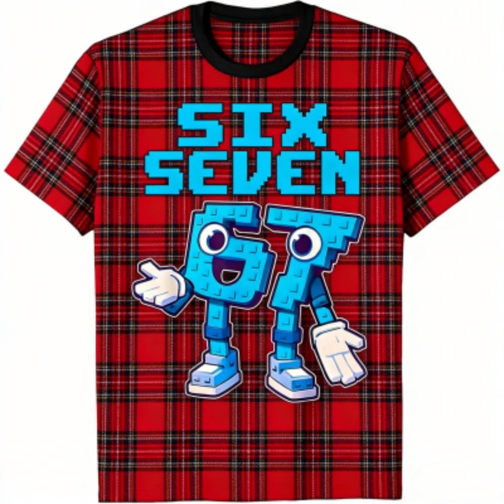 Fashion Kids T-Shirt 67 Six Seven Grid Print Boy and Girl Tees Top Summer Short Sleeve O Neck Casual Outdoor Kids Clothing