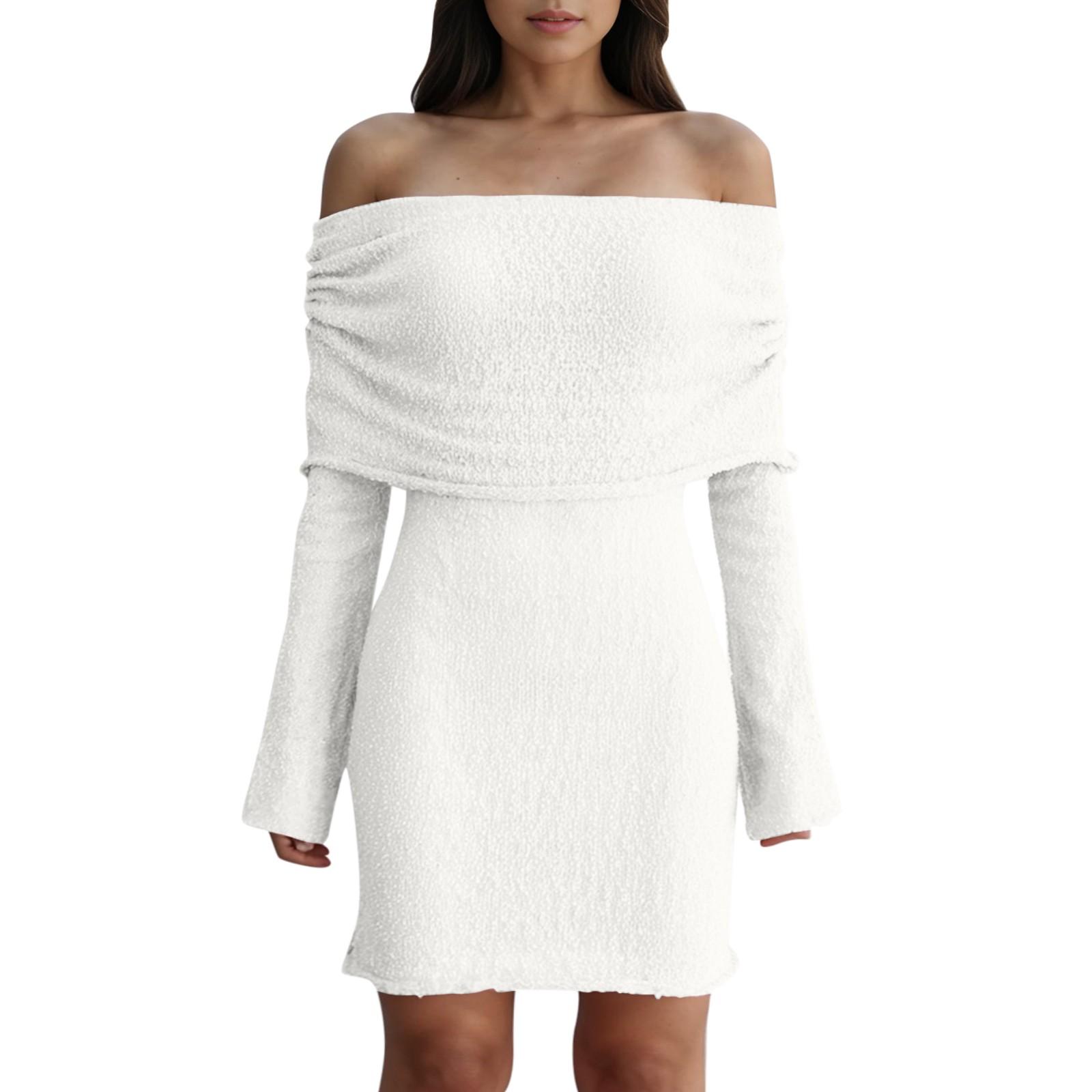 

Женские платья Сексуальные короткие трикотажные платья с открытыми плечами и длинными рукавами L белый