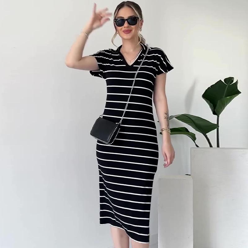 2024 Summer Women's V-Neck Fashion Striped Slim-Fit Slit Dress