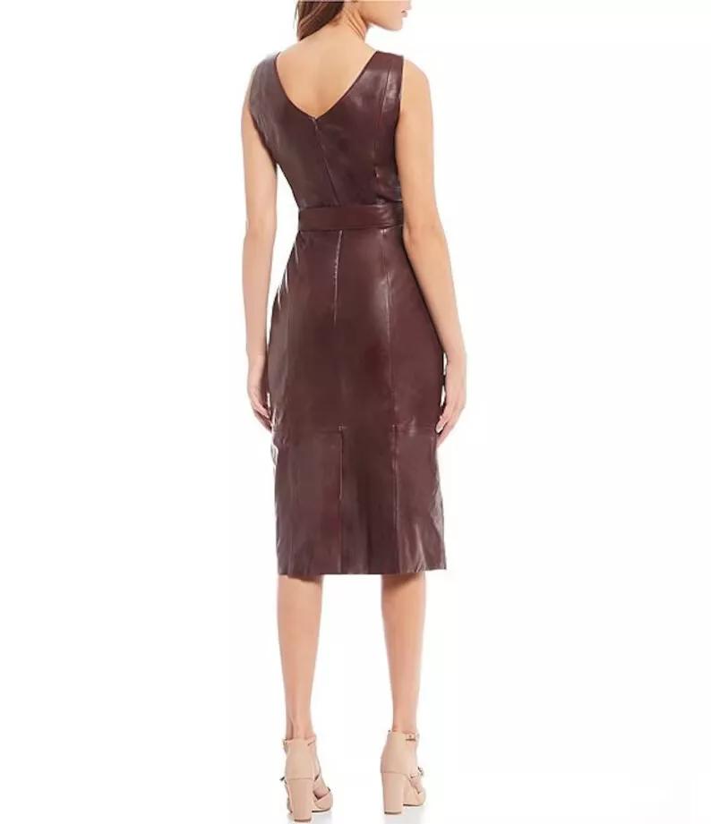 Women Soft Lambskin Formal Handmade Dress Genuine Leather Dress Stylish Burgundy