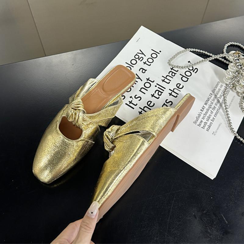 

Bailamos Brand Женские тапочки Модные туфли-мюли с круглым носком, без застежки, на мягком плоском каблуке, уличные повседневные сандалии для платья, пляжные шлепанцы Муж 41 золотой