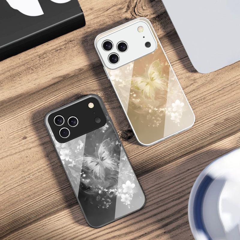 Fluture visător cu dungi Pentru iPhone 17 Air 16 E 15 14 13 Plus 12 mini 11 17 Pro Max XR Xs Max 16E 7 8 Carcasă de telefon din sticlă securizată