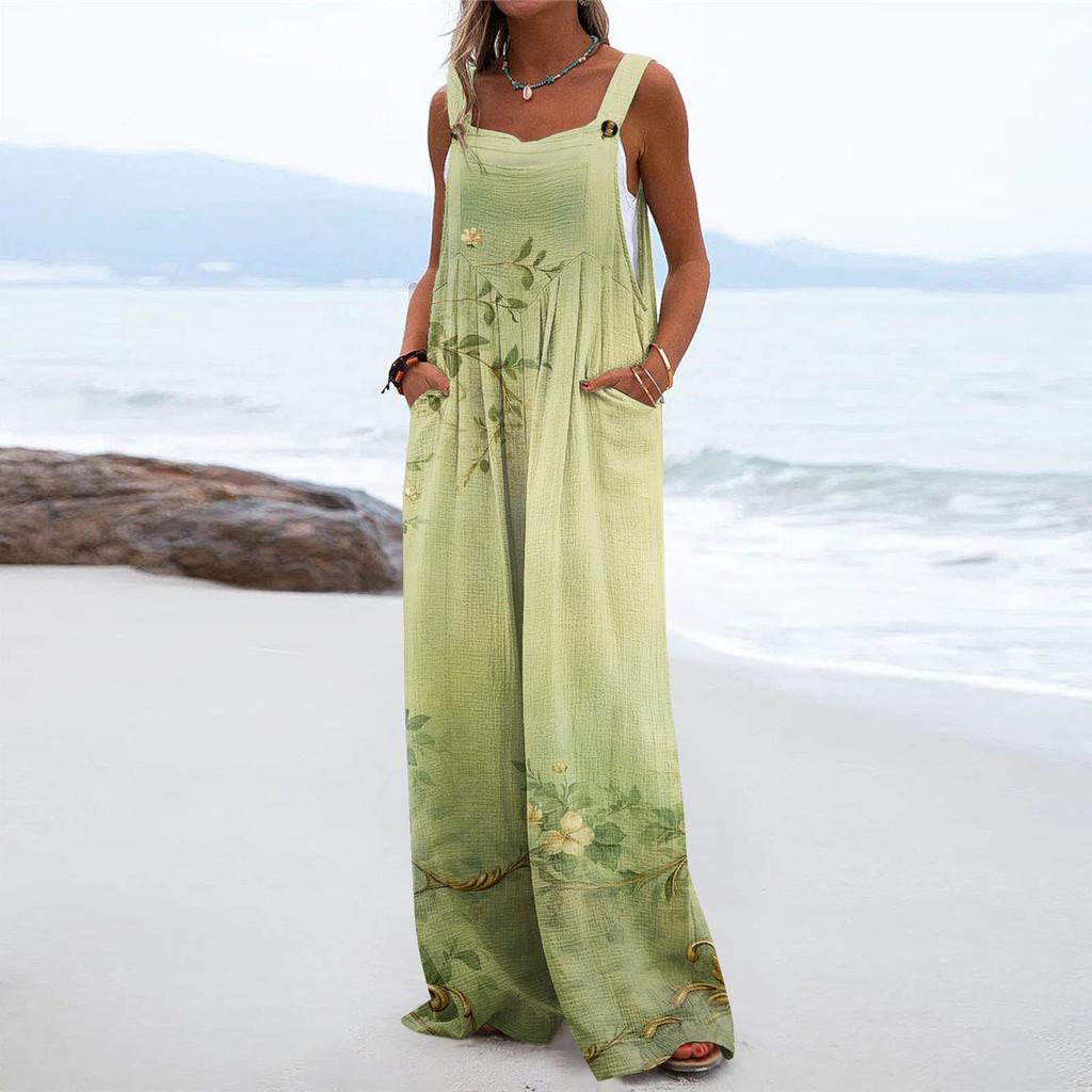 Damen-Overall mit weitem Bein, lässiger lockerer ärmelloser Overall, normaler bedruckter Knopf, lange Hosen, Taschen-Overall