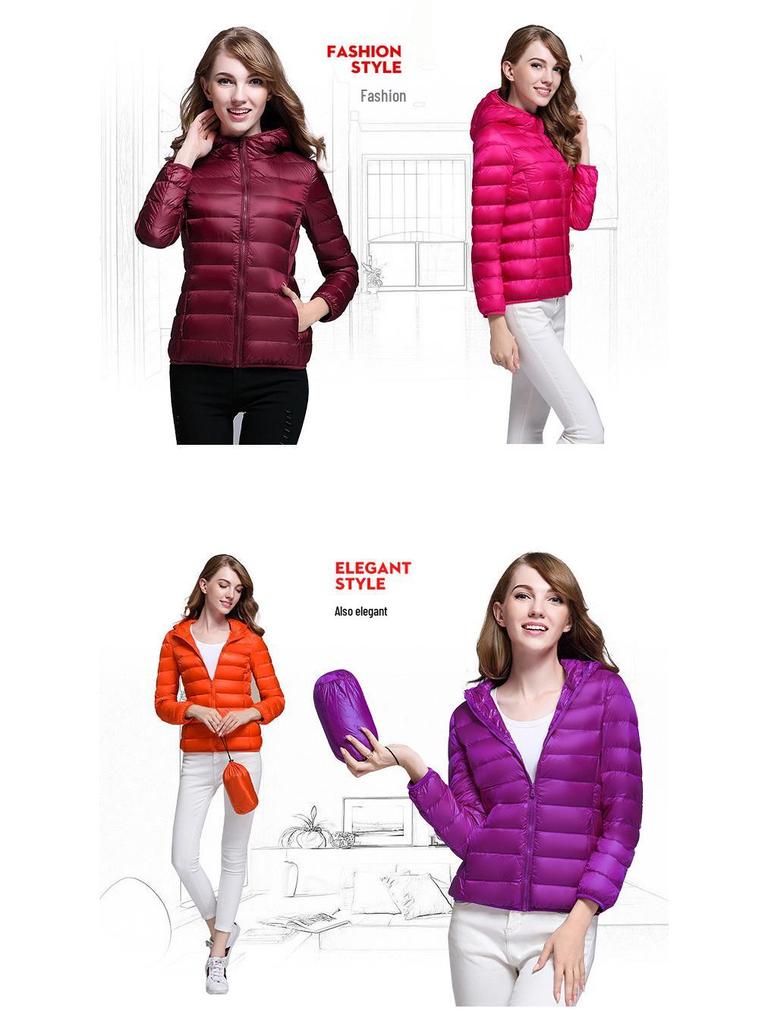 2025 Zimní Korejský Styl Ultralehká Dámská Péřová Bunda s Kapucí - Krátký Slim Kabát Plus Size