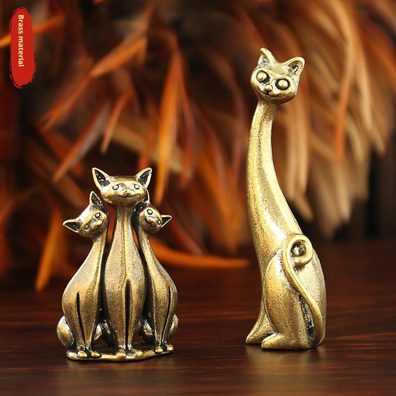 1Pcs Antique Brass Cat Figurine Mini Metal Cat Statue Retro Animal Ornament Home Office Desk Decor Collectible Gift