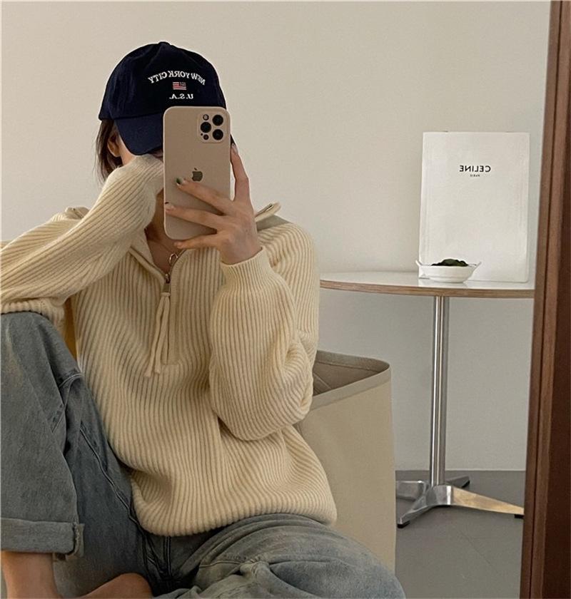 2024 Autumn/Winter Women's Zipper Pullover: Stand-Up Collar, Ribbed, Loose Knit Sweater