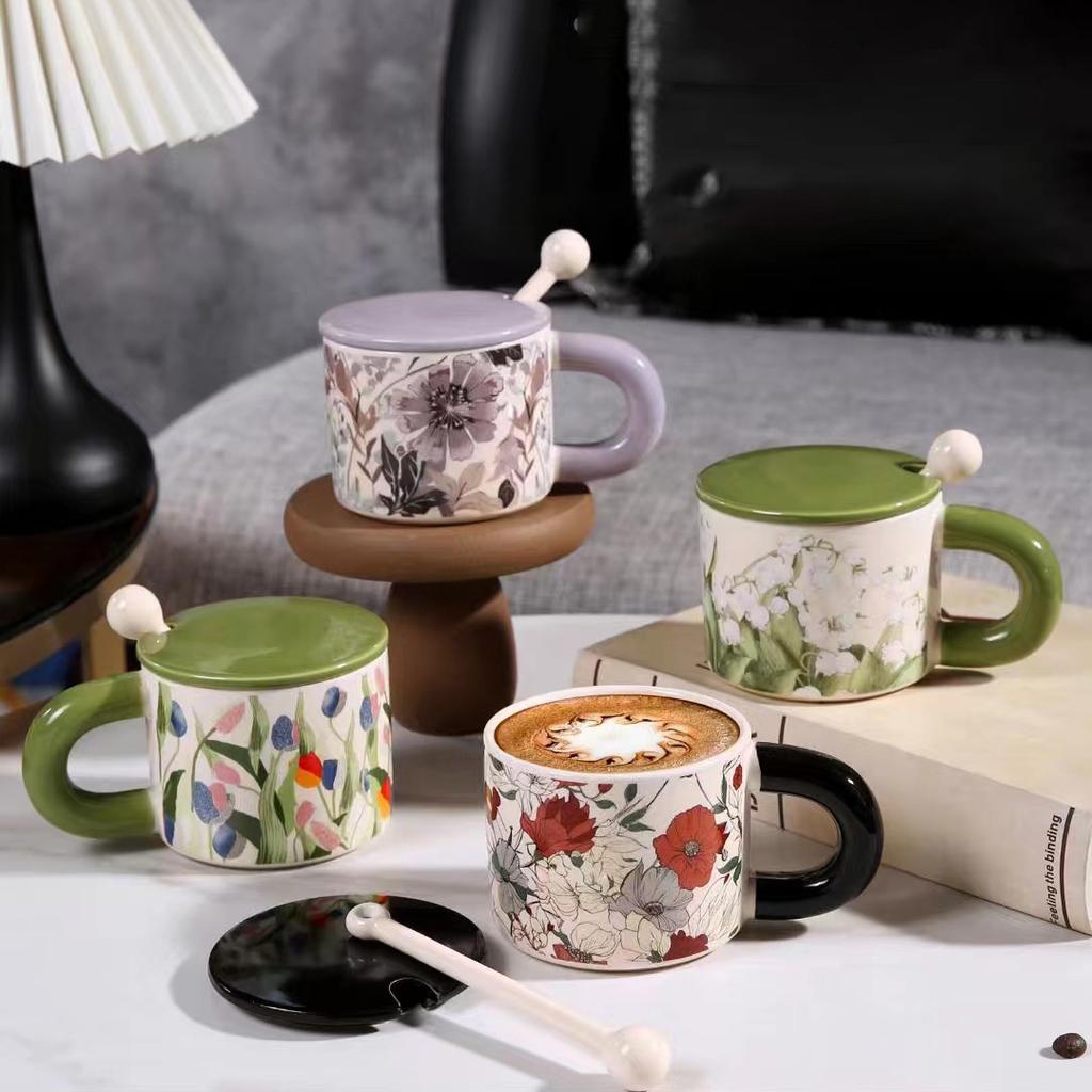 Light Luxury Flower Ceramic Cup With Lid Spoon High Value Household Drinking Cup Office Coffee Cup Teacup Mug