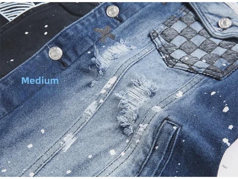 2024 Men's Spring Black Patchwork Printed Denim Cardigan Vest