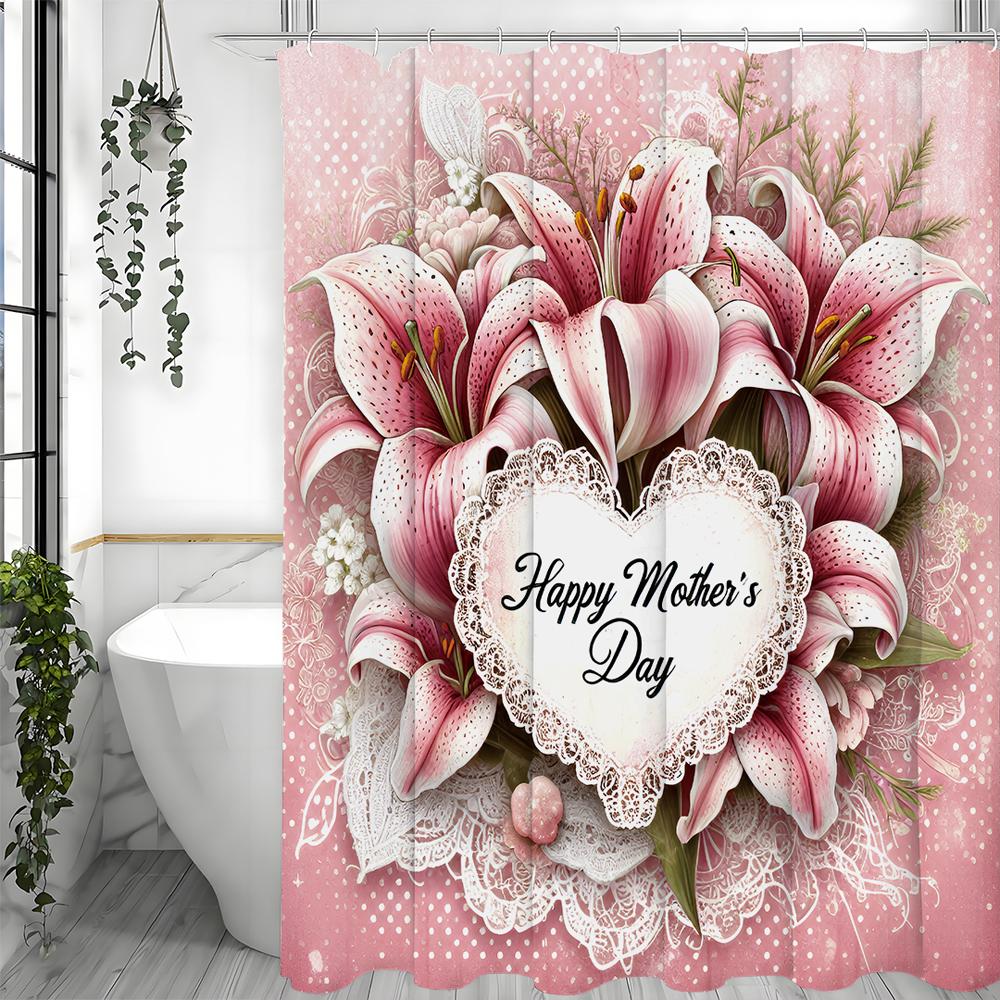 Happy Mother's Day Pink Heart Lily Shower Curtain, Bathroom Decorative Shower Curtain, Waterproof Shower Curtain with Hooks