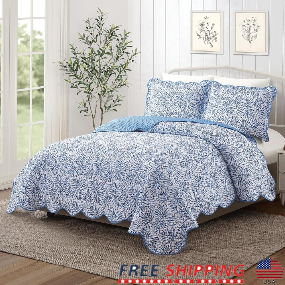 

Blue Fern 3-Piece Quilt Set Full Queen Soft Polyester Bedding Set with Shams Cooling Technology Elegant Scalloped Edges Classic United States