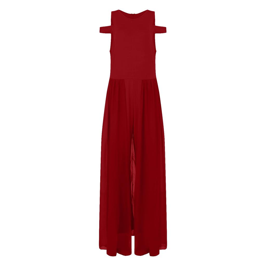 Damen-Overall, lässig, ärmellos, hohe Taille, Rundhalsausschnitt, Chiffon-Overlay, lockerer Strampler, lange Hose