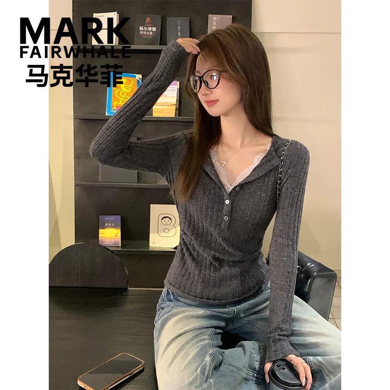 Mark Fairwhale Women's V-Neck Lace-Trimmed Long Sleeve Slim-Fit Top