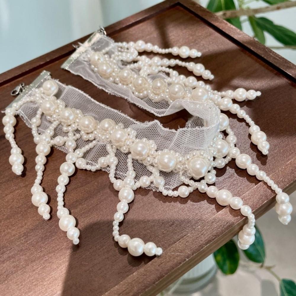 White Pearl Lace Choker Creative Mesh Neck Jewelry Adjustable Tassel Beads Necklace  Bride