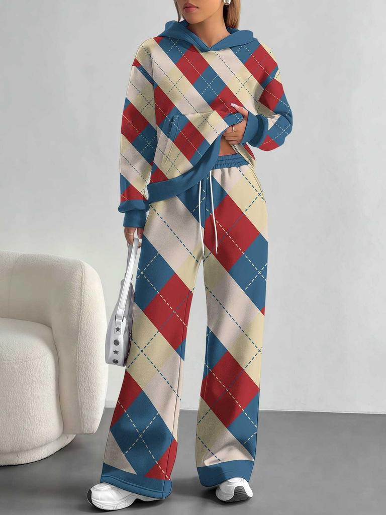 Flame splicing European and American autumn and winter casual long-sleeved suit women's hooded sweater trousers two-piece set