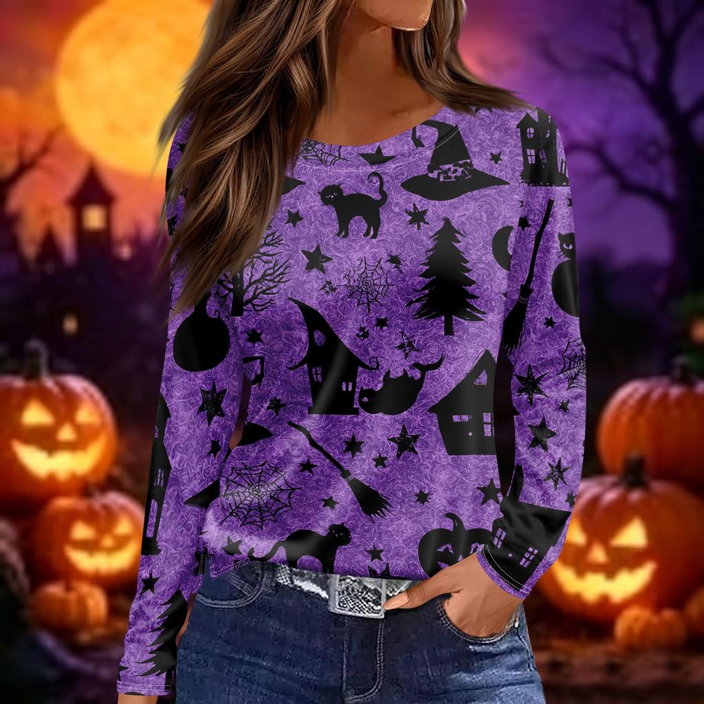 Women's Halloween Print Long Sleeve Round Neck Top with Hem Slits for Casual Fall Outings