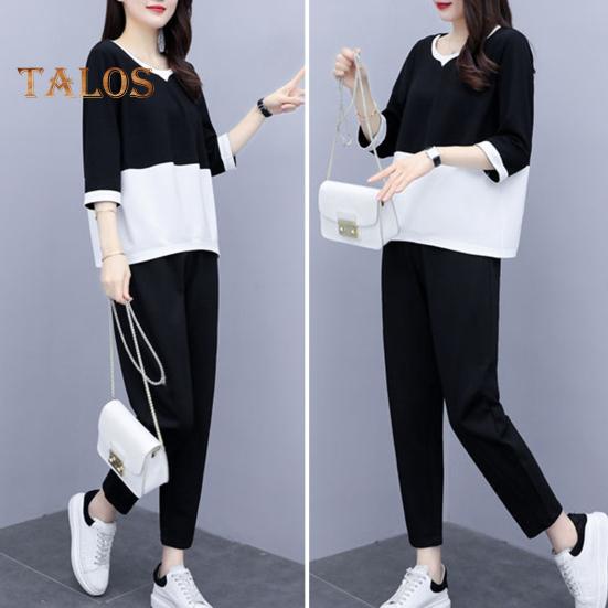 2 ks/sada Dámské tričko Kalhoty Set Sportovní oblečení Colorblock Top s kulatým výstřihem Poloviční rukáv Top Elastický pas Dlouhé Kalhoty Běžné kalhoty Top na dojíždění