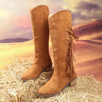 Retro Women's Tassel Shoes New 2024 Pointed Thick Bottom Long Boots Autumn Winter Versatile Outdoor Cowboy Knight Boots Women's