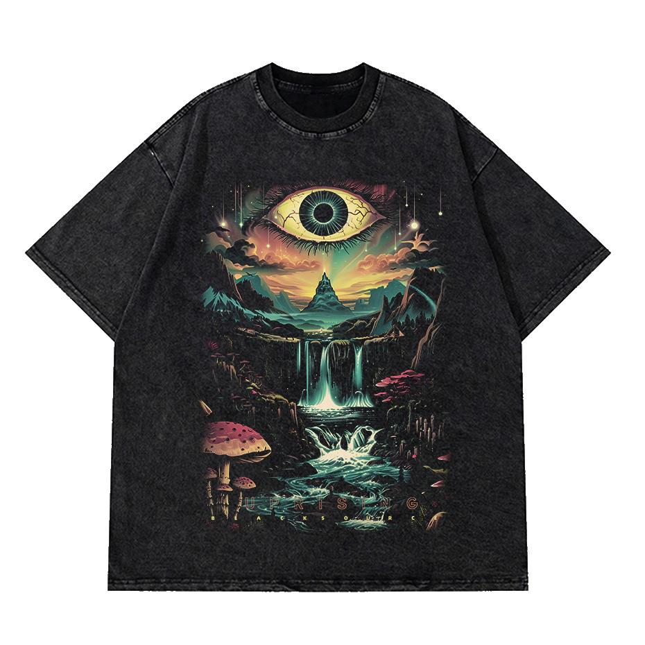 Hot Retro Trippy Mushroom Eye T-shirt Men Women Washed Black Oversized Casual Streetwear Psychedelic Graphic Tops Short Sleeve