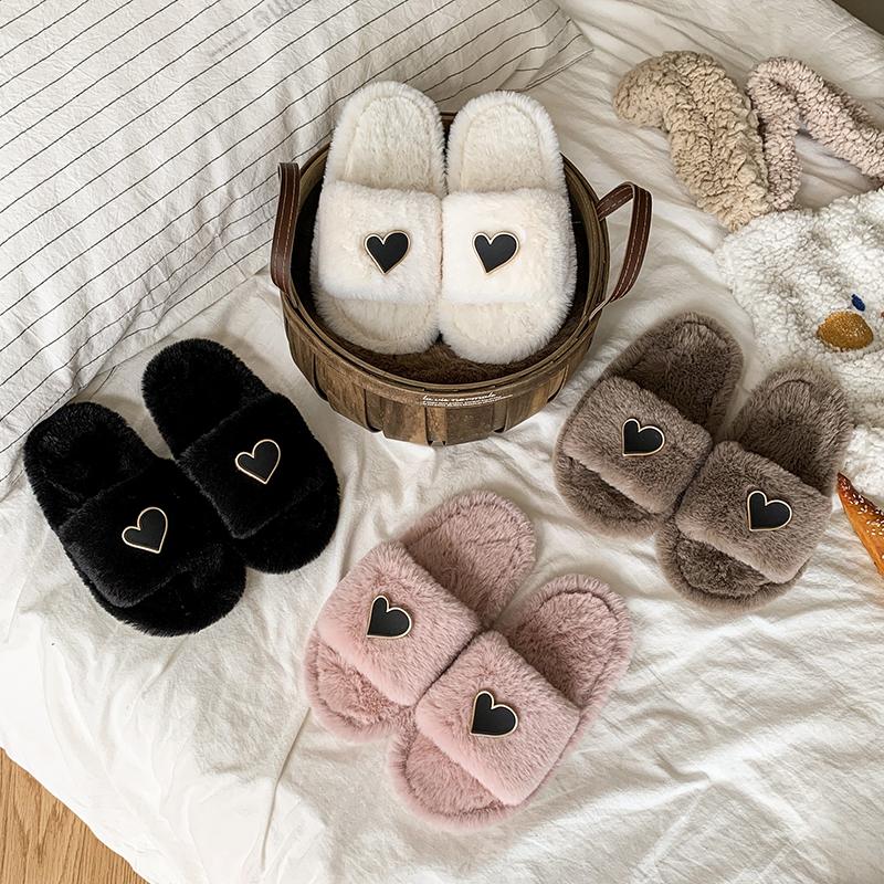 New Love Heart Spring Autumn Children's Furry Slippers Cute Comfortable Flat Bottom Home and Outdoor Wearable Slippers