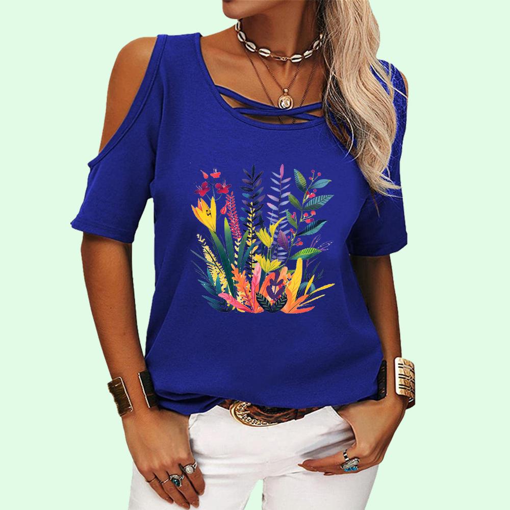 Haut à col rond tendance pour femme, T-shirt d'été à épaules dénudées, T-shirt décontracté à manches courtes et imprimé floral