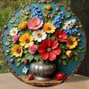 Vintage Farmhouse Metal Wall Art Round Bouquet Vase Tin Sign for Living Room