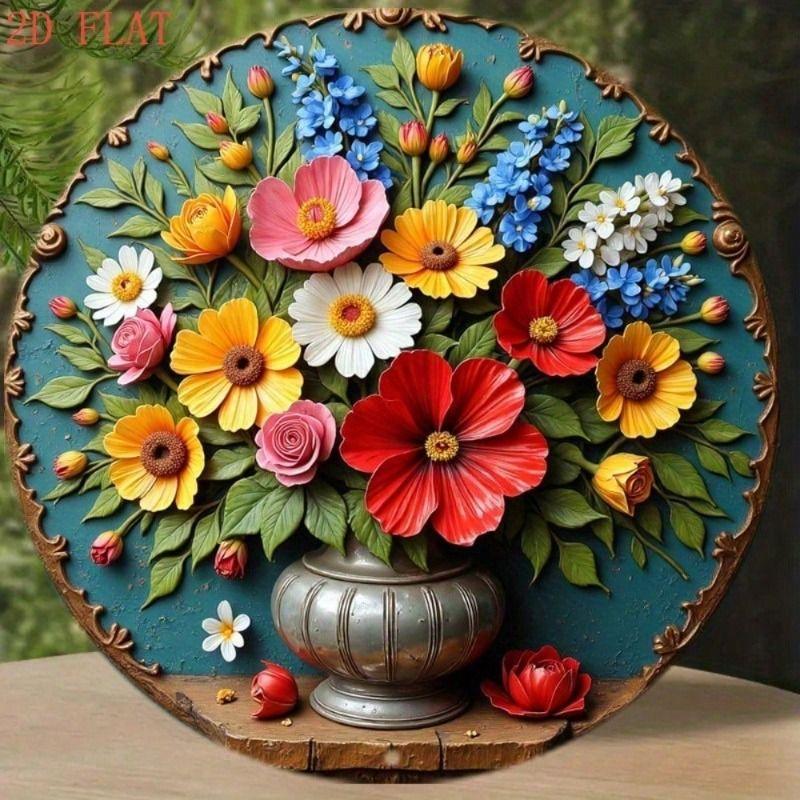 Vintage Farmhouse Metal Wall Art Round Bouquet Vase Tin Sign for Living Room
