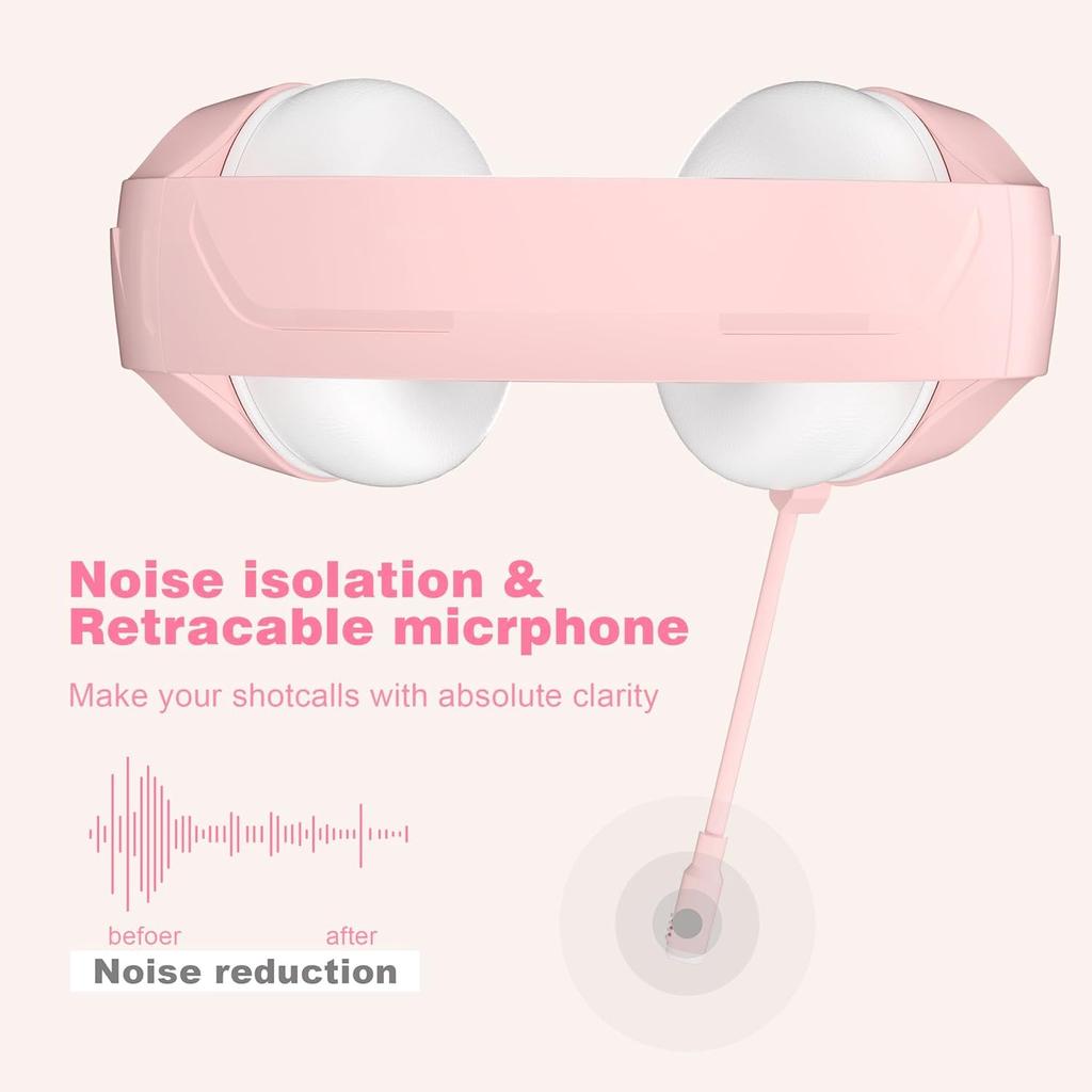 Rosa Katzenohren-Gaming-Headset mit Kabel und Mikrofon für verbesserte Geräusche, kompatibel mit Xbox und PS4 Kopfhörern, PS5, Bass, 3,5-mm-Anschluss, Reduzierung,