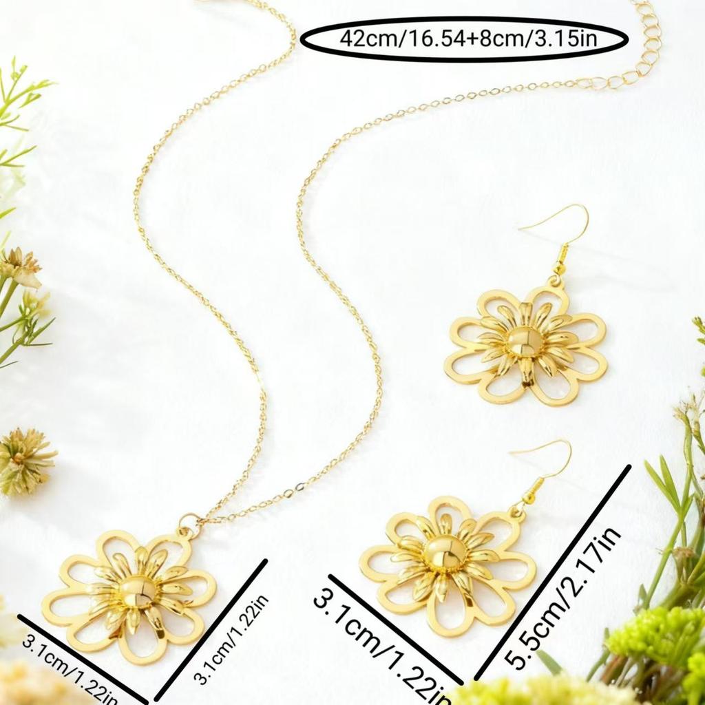 3-Piece Retro Floral Women's Necklace & Earring Set: Elegant European & American Design with Versatile Cutout Details.