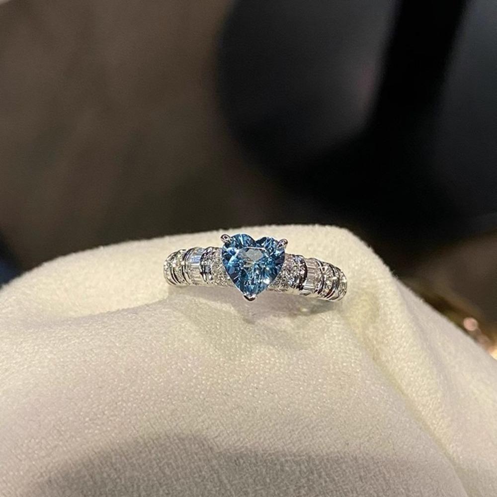 High Carbon Diamond Heart Shaped Aquamarine Ring Elegant Ice Cut Design for Women