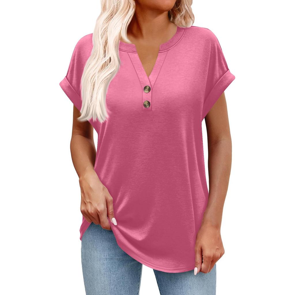 Women's Fashionable Casual Short-sleeved V-neck Button Printed Pullover Top
