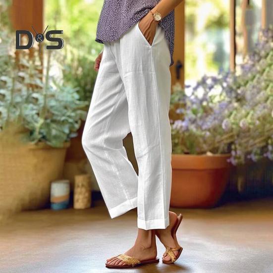 Women Pants Mid-rise Elastic Waist Leisure Pants Solid Color Straight Wide-Leg Casual Pants with Pockets