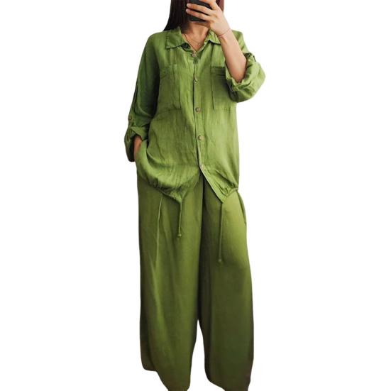 Dámský bavlněno-lněný dvoudílný outfit, ležérní, s dlouhým rukávem, na knoflíky, se stahovací šňůrkou