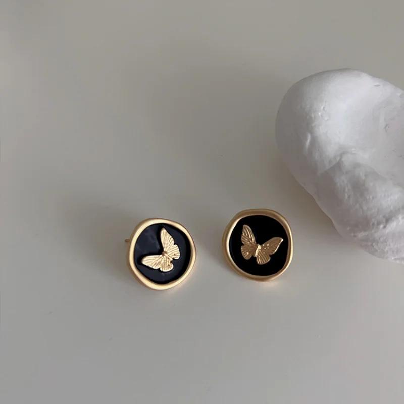 Matte Gold Butterfly Wing Drop Earrings With Black Enamel Irregular Round Statement Jewelry Gift For Women