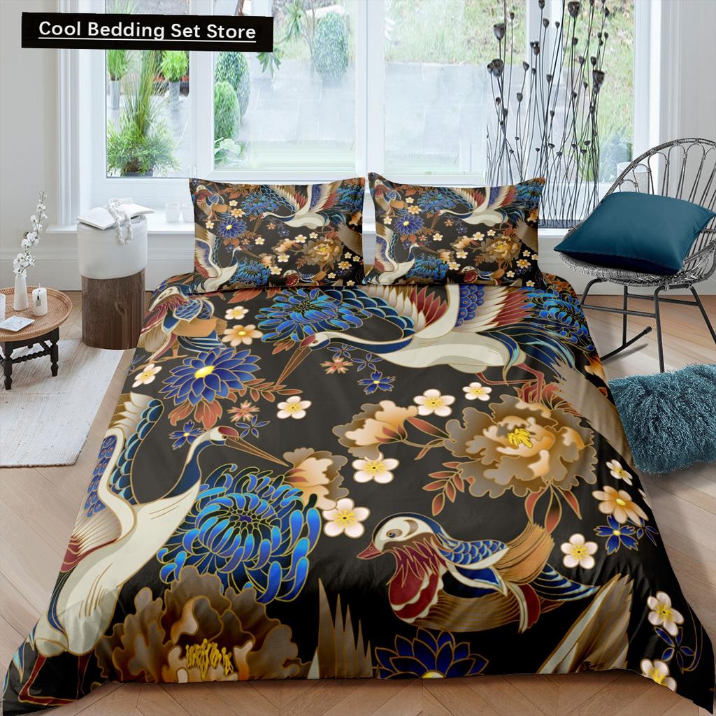 Japanischer Kranich-Bettbezug, King- und Queen-Size-Bettwäscheset mit Wellenblume im Ukiyo-e-Stil, östliche Kultur, 2/3-teilig, Polyester-Bettbezug