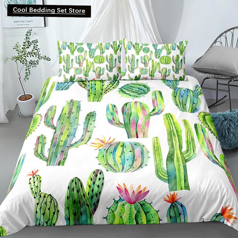 Cactus King Queen Duvet Cover Succulents Bedding Set for Kids Teens Adults Green Botanical Flowers 2/3pcs Polyester Quilt Cover