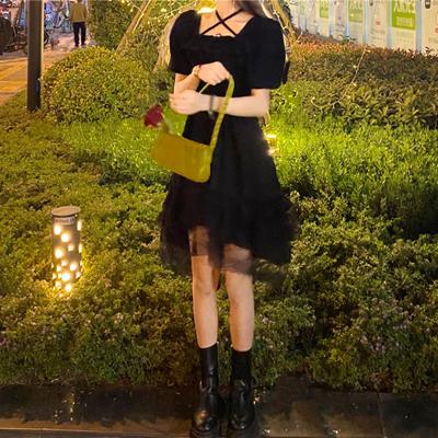 Abito estivo da donna in pizzo nero gotico con volant e scollo incrociato, abito da principessa sottile con maniche a sbuffo, abito da festa Kawaii Lolita carino