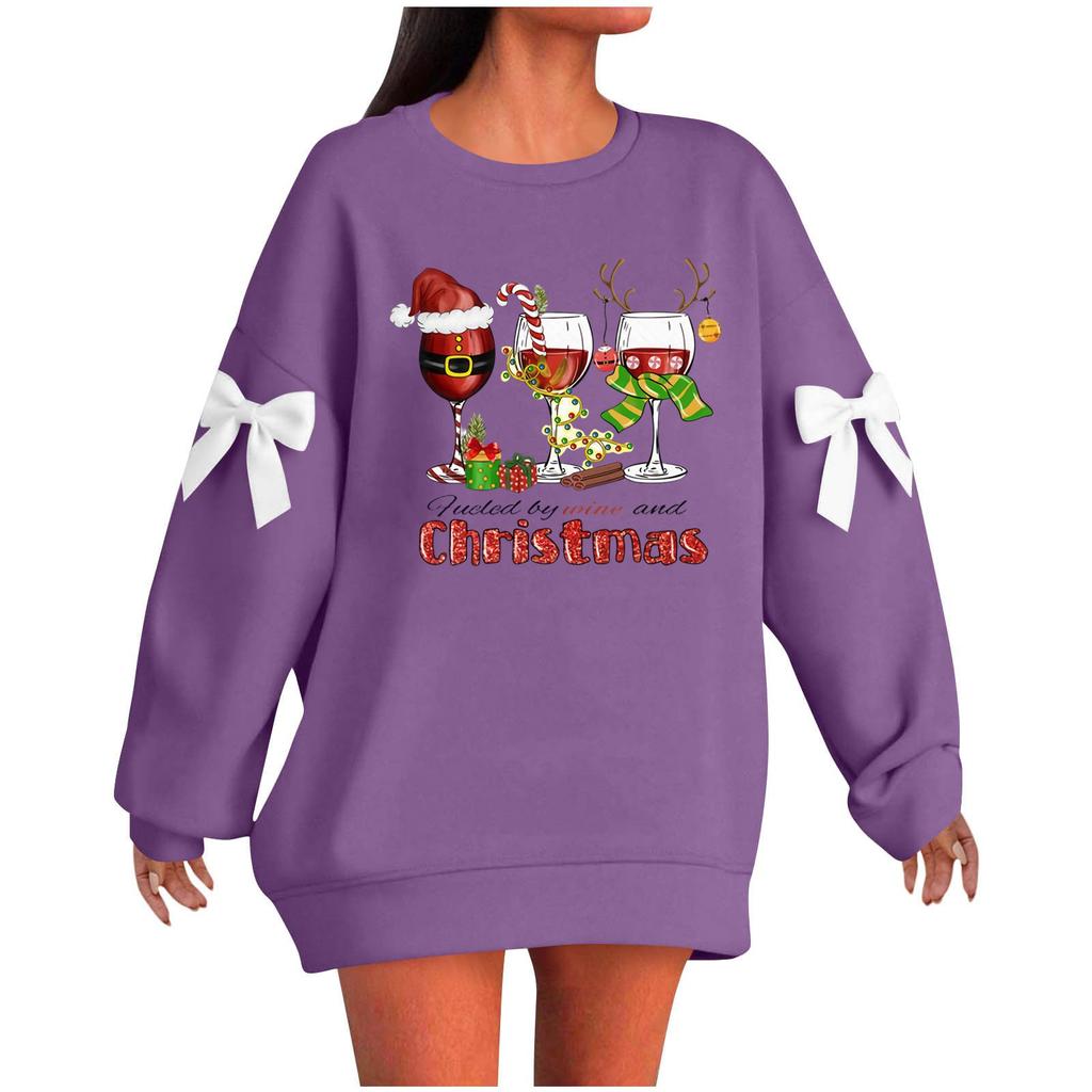 Ladies' Christmas Printed Bow Round Neck Long Sleeved Loose Pullover Sweater Sweatshirt Top