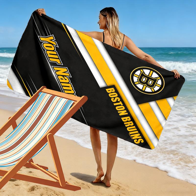 Name Custom Boston Bruins Logo Print Beach Towel, Large Soft Quick Dry Towel for Beach Camping Swimming