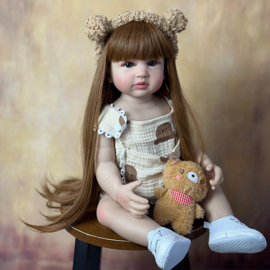 BZDOLL Realistic Lifelike Reborn Baby Girl Doll Toy 55 CM 22 Inch Full Vinyl Body Brown Long Hair Princess Toddler Bebe
