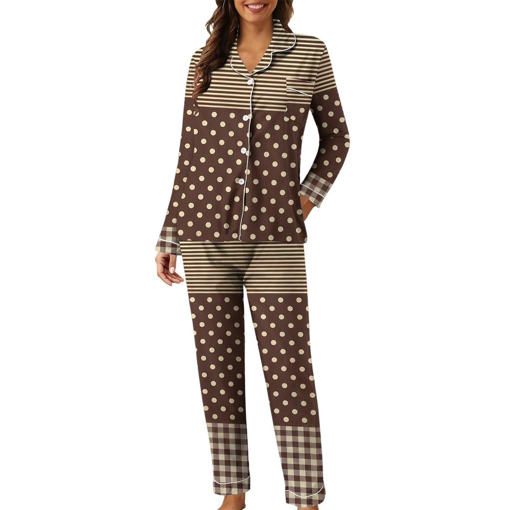 Women's Casual Fashion Plaid Patchwork Print Long-Sleeved Trousers Homewear Set