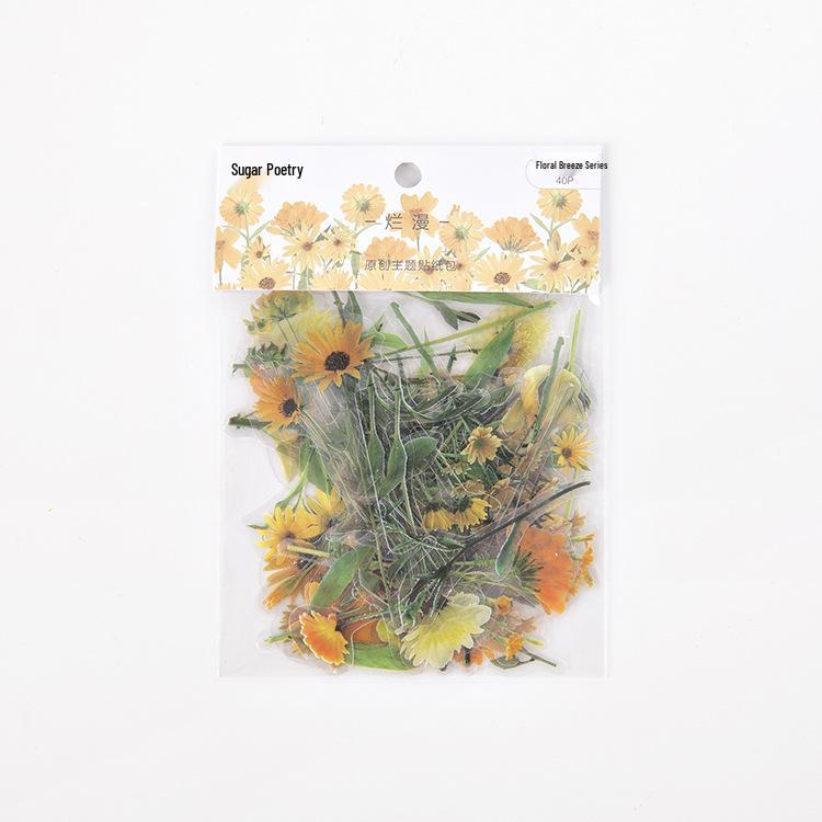 Floral Breeze Sugar Poem PET Sticker Pack: 40 Fresh Irregular DIY Floral Stickers In 6 Designs. Perfect for Diary Decoration!