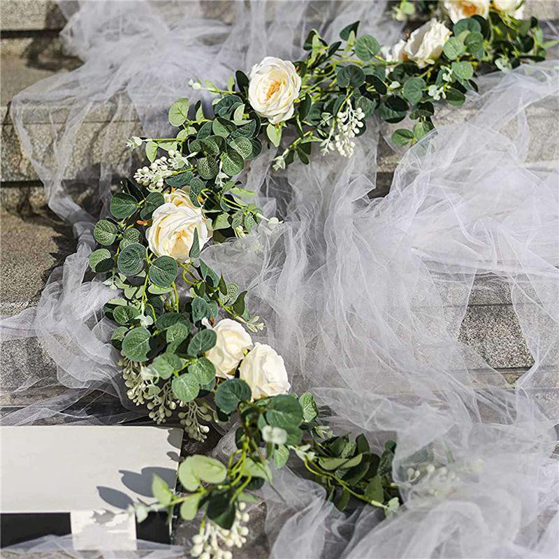 A84E-4 Pack Eucalyptus Garland With Champagne Rose, Greenery Garland Bulk Artificial Silk Floral Eucalyptus Leaves Vines(A)