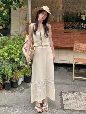 Ärmelloses Sommer-Strickkleid-Set im koreanischen Stil: Atmungsaktives, formgebendes Zweiteiler-Häkeldesign für Damen 2025